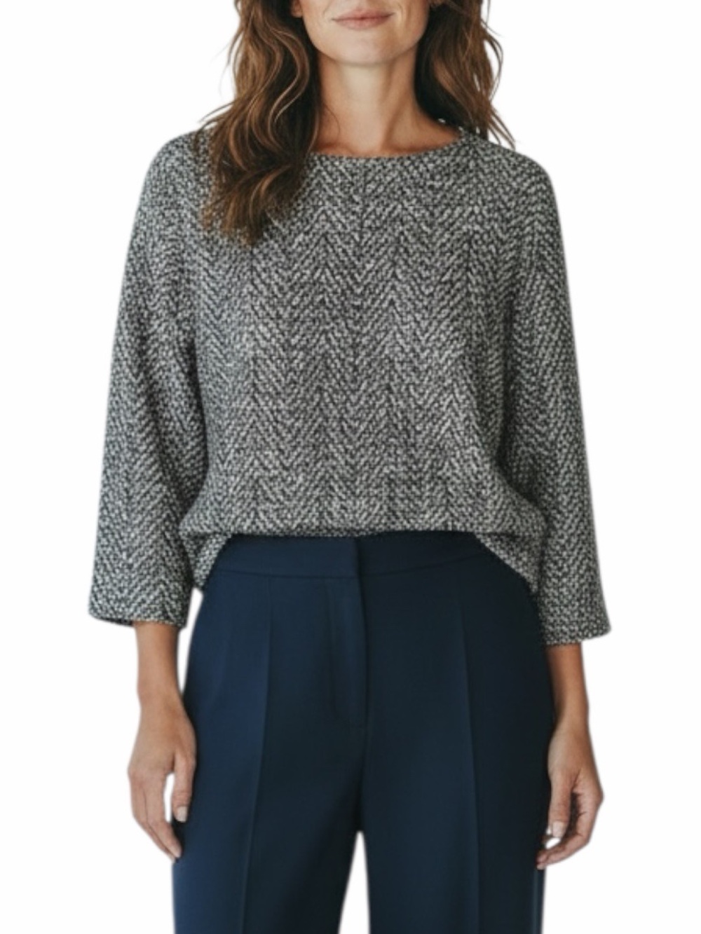 Ann Mashburn Tweed Gray Herringbone Knit Pullover Sweater Top LARGE